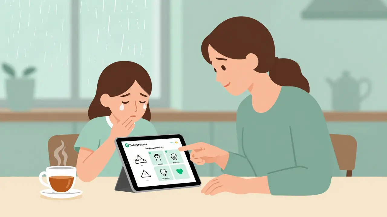 Matka a dcera si prohlížejí digitální modul o PTSD na tabletu v kuchyni, teplé osvětlení a klidná atmosféra.