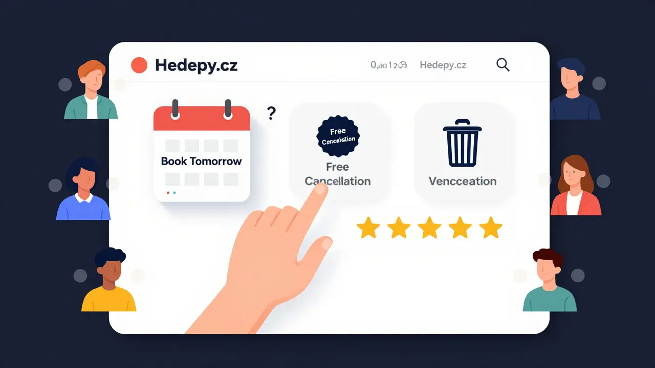 Online platforma s ikonami flexibilní terapie: rezervace, zrušení a hodnocení.