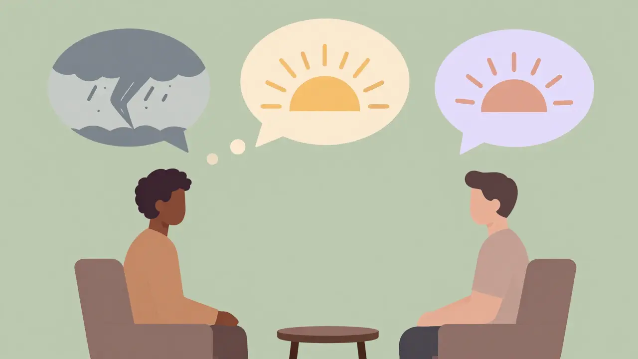 Osoba a terapeut v klidné místnosti, myšlenky se pomalu mění z chaosu na pořádek.