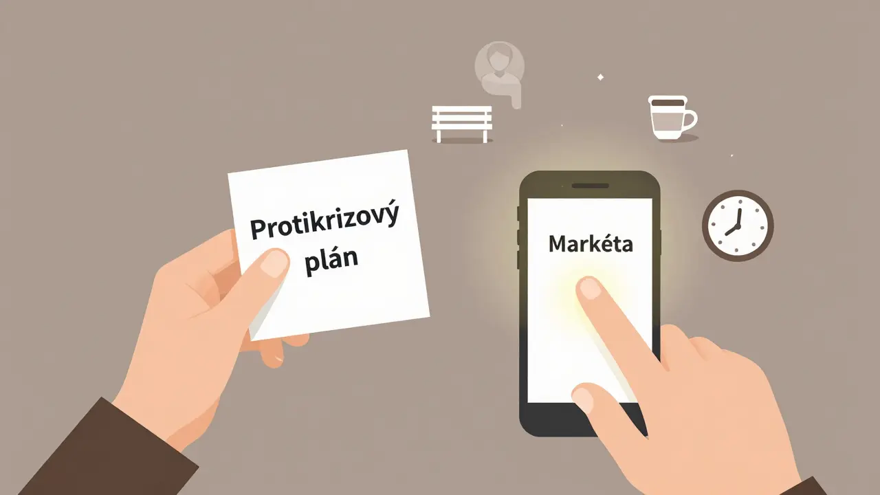 Osoba drží plán na krizi a zavolá přítele, kolem ní jsou symboly podpory.