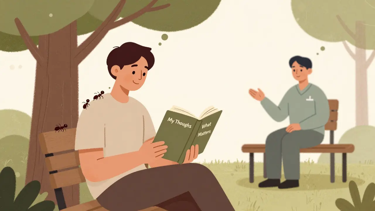 Osoba klidně čte knihu o hodnotách, zatímco myšlenky jako mravenci klidně cestují po jejím těle.