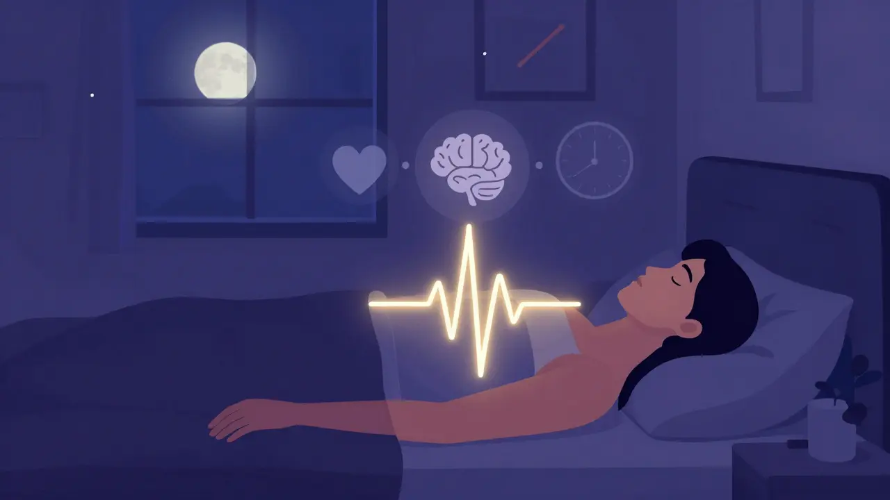 Osoba leží v posteli, zlatý pulzující světlo sleduje její dýchání večer.