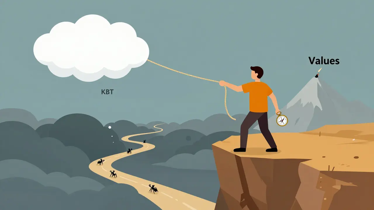 Osoba na okraji útesu s volbou mezi bojem proti myšlenkám a cestou k hodnotám.