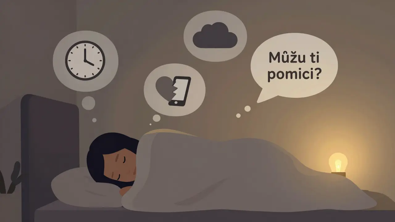 Osoba pod plátnem, nad ní se objevují myšlenky a jediné světlo nabízející pomoc.