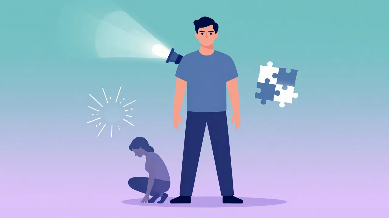 Osoba stojí hrdě, zatímco její strach se zmenšuje, kolem ní jsou symboly kreativity a hyperfokusu.