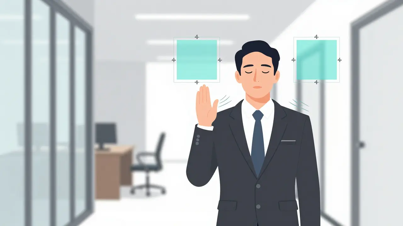 Osoba v obleku dýchá v kanceláři, kolem ní je kvadrát znázorňující box breathing.