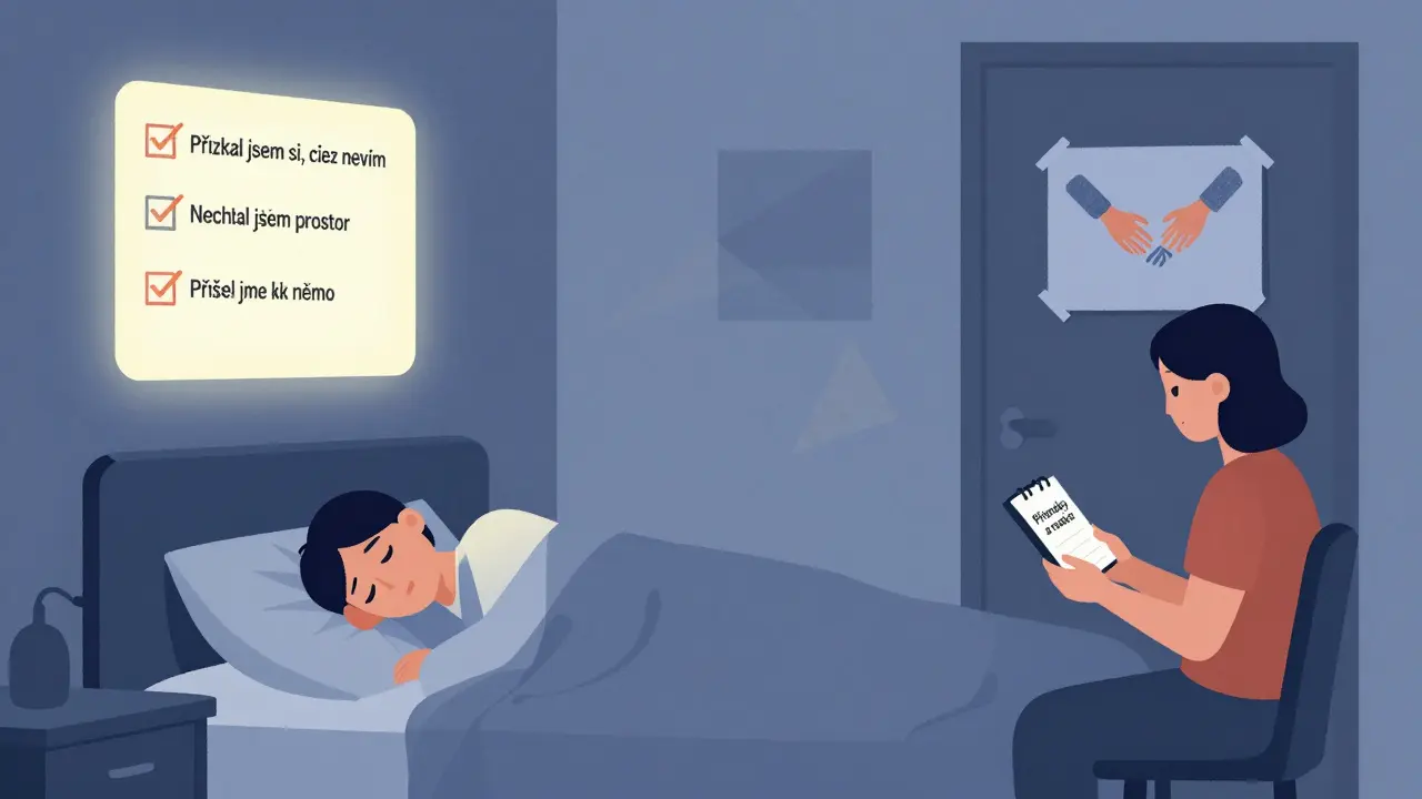 Pár v ložnici, jeden spí, druhý si poznámky píše — dítě nakreslilo ruce držící se, na stěně je seznam pokroku.