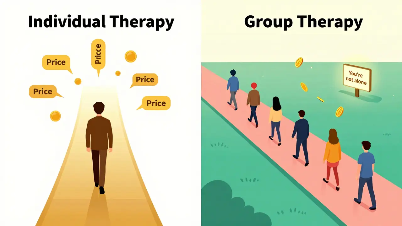 Porovnání dvou cest: jednotlivá terapie jako drahá cesta a skupinová jako společná, levnější cesta.