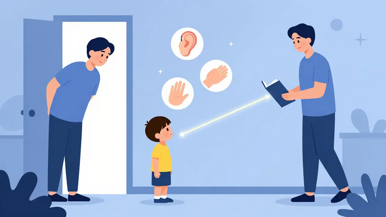 Rodič pozoruje dítě z dveří, spojení mezi nimi symbolizuje klidnou, konzistentní přítomnost bez slov.