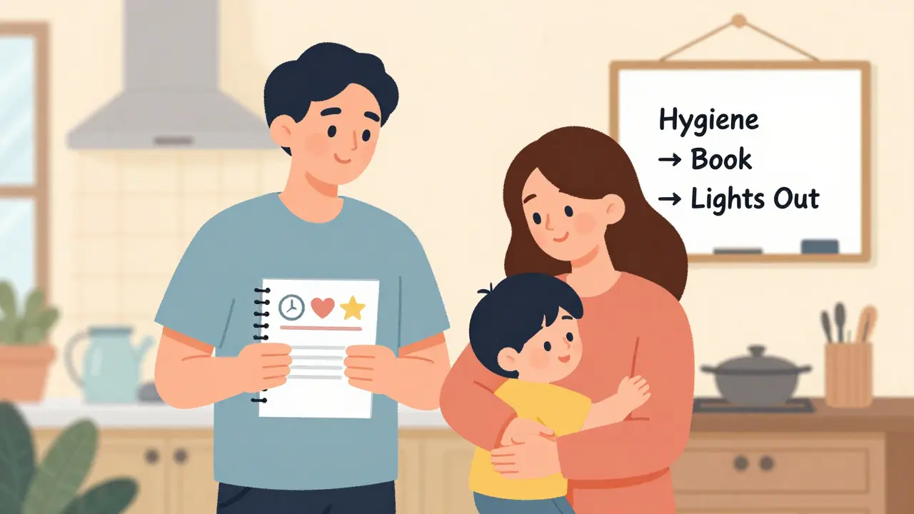 Rodiče v kuchyni uklidňují dítě po večeři, sledují jednoduchý rituál spánku s vizuálními pravidly.