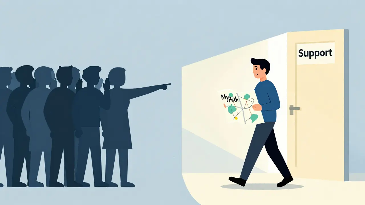 Rozdělený obrázek: jedna strana ukazuje ostracizaci, druhá cestu k podpoře a přijetí.