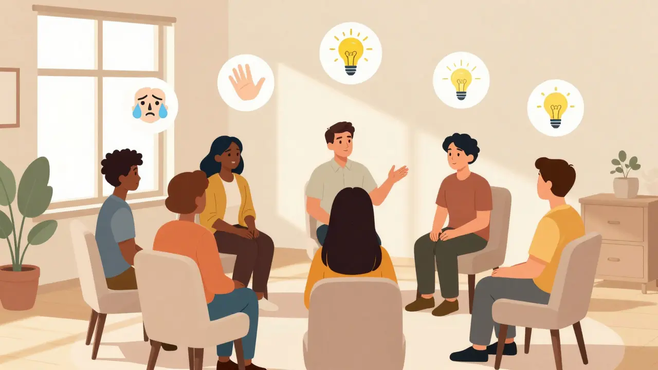 Skupina lidí v kruhu během skupinové terapie, kteří se navzájem poslouchají.