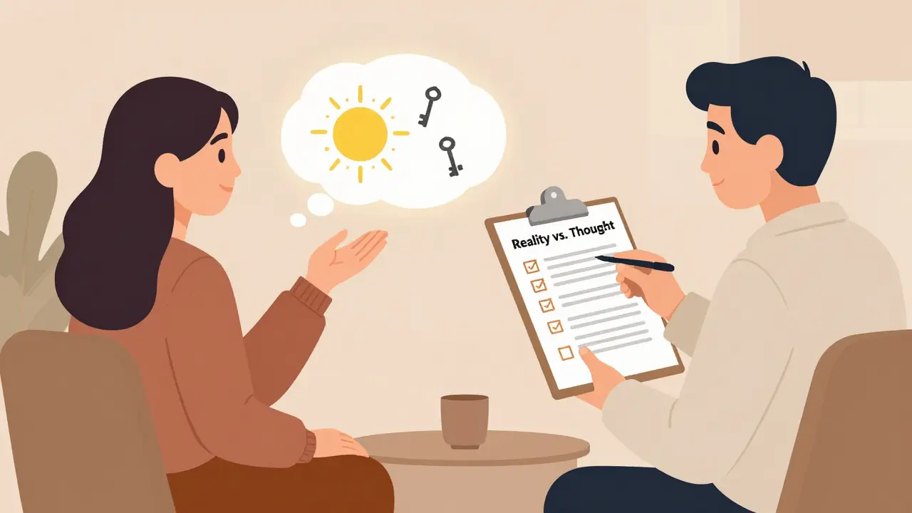 Terapeut a klient diskutují o myšlenkách, které jsou znázorněny jako svítící bubliny.