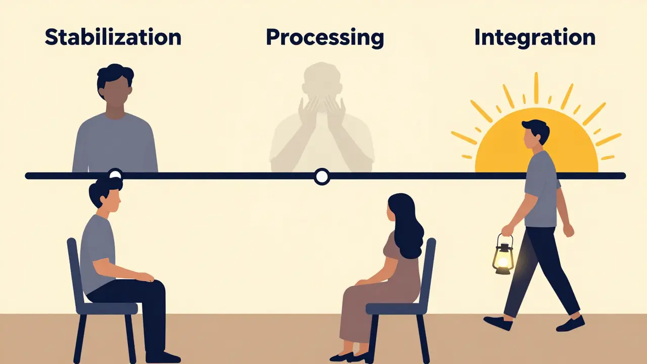 Terapeut a klient s časovou osou: stabilizace, zpracování, integrace — v klidném prostředí.