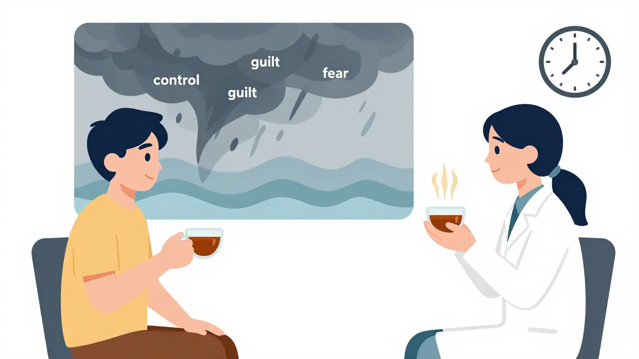 Terapeut a pacient společně pijí čaj, jejich vnitřní stavy se mění z chaosu na klid.