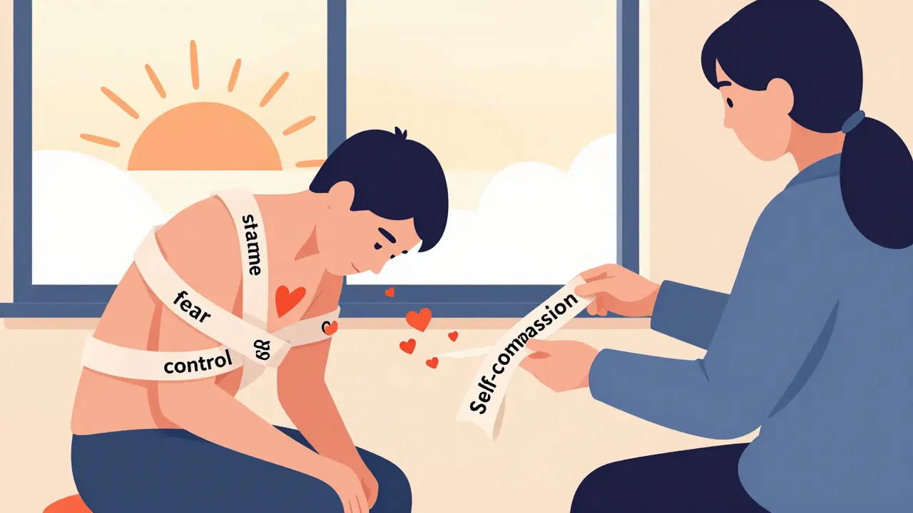 Terapeut a pacient v terapii, kde se uzlíky emocí mění v pásma lásky a přijetí.