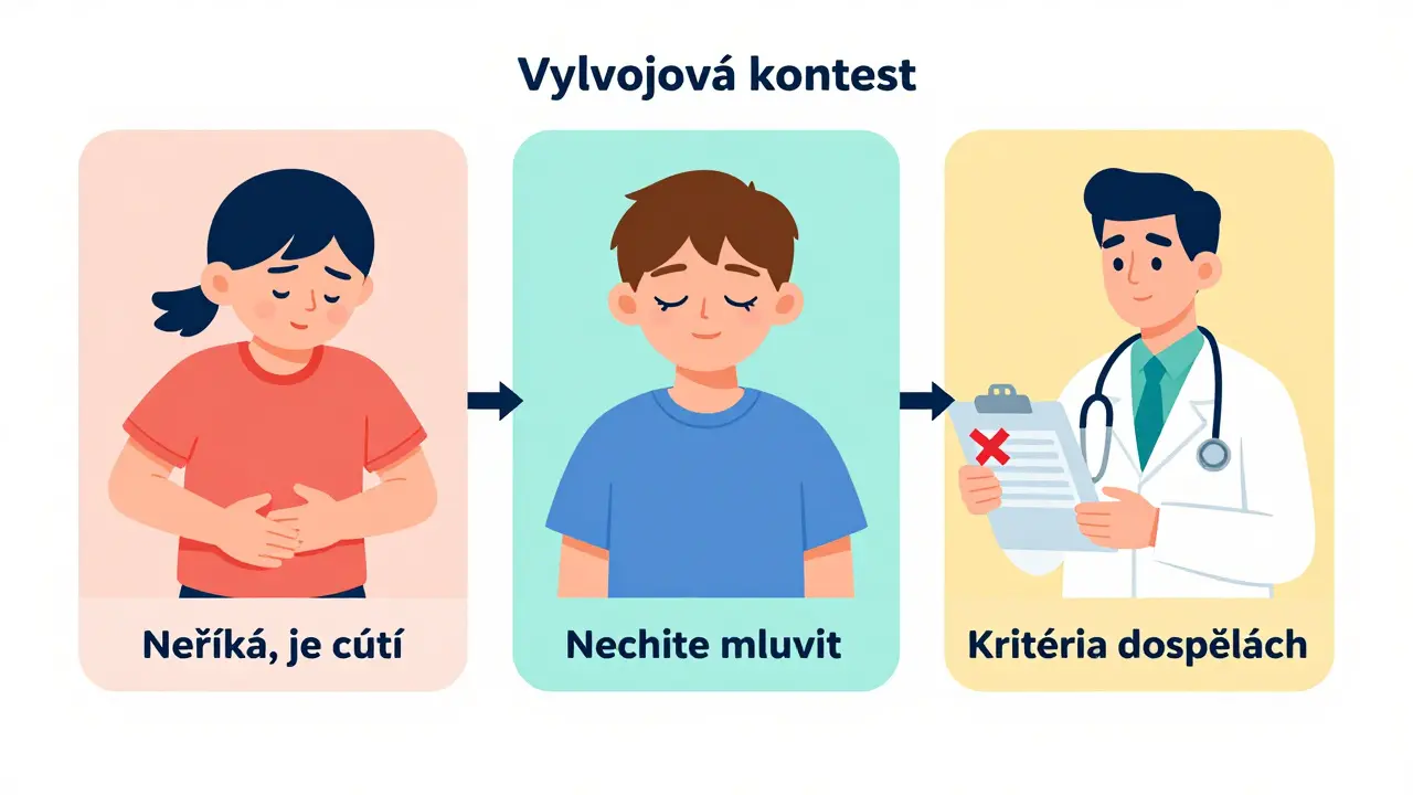 Tři scény ukazující různé projevy psychických poruch u dětí a dospívajících s důrazem na chybnou diagnostiku.