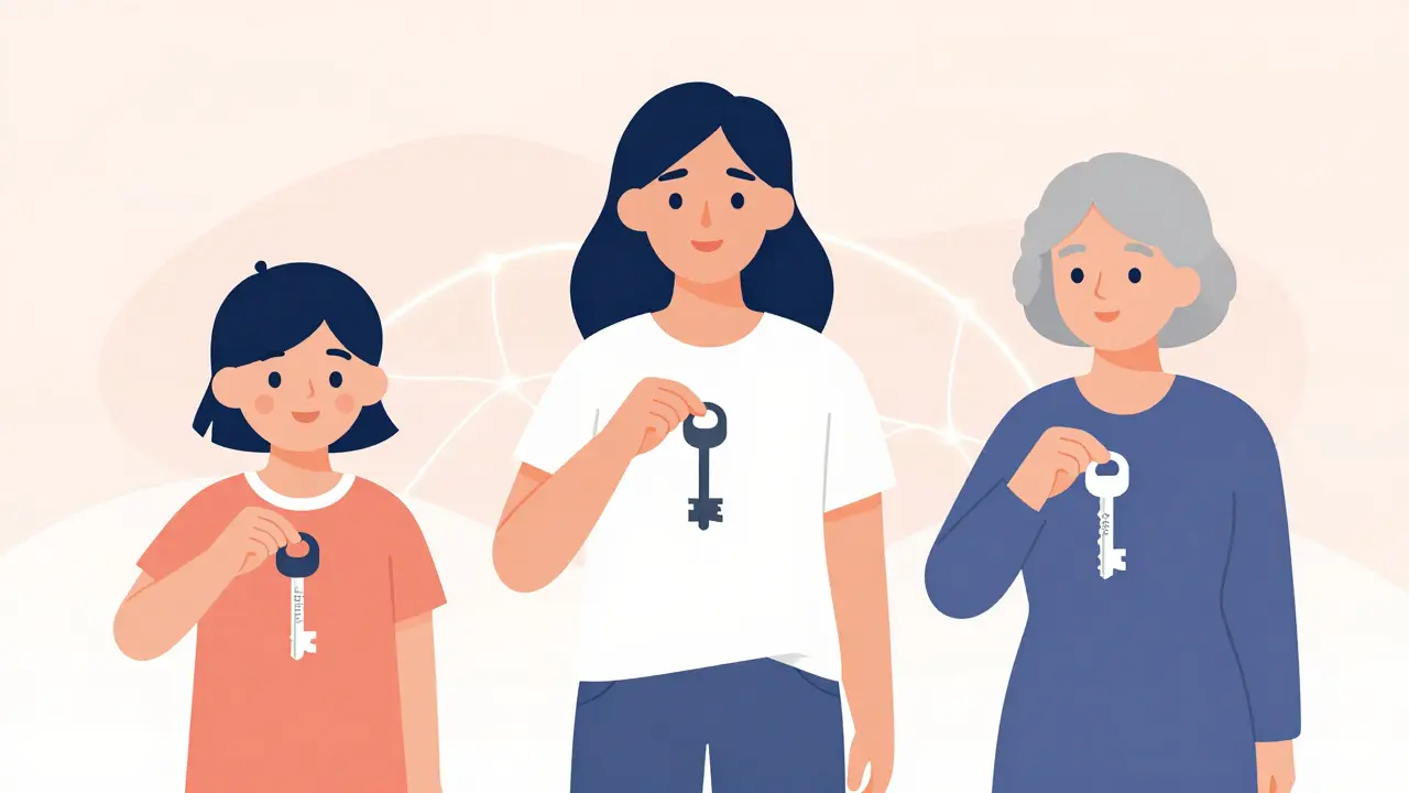 Tři ženy různých věkových kategorií spojené světelnou cestou, drží klíče označené 'pochopená', 'podporovaná', 'svobodná'.