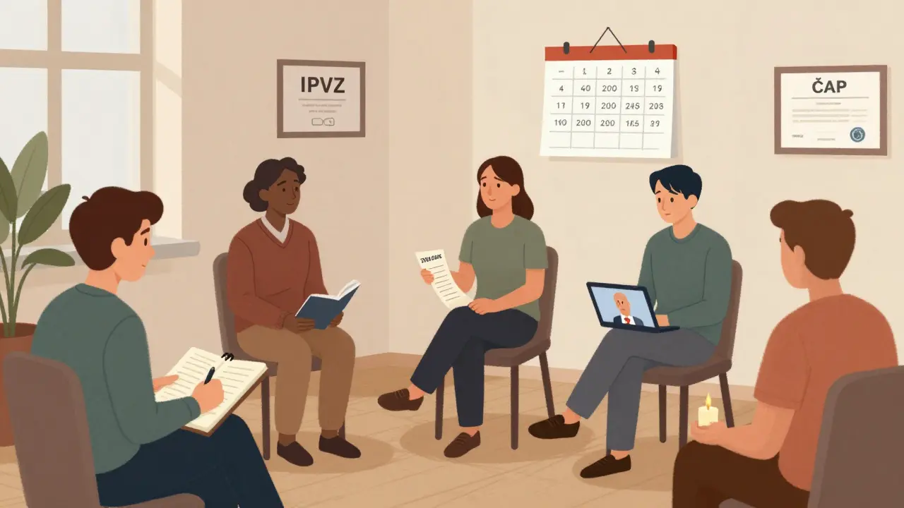 Třídní místnost s studenty v různých fázích výcviku psychoterapie.