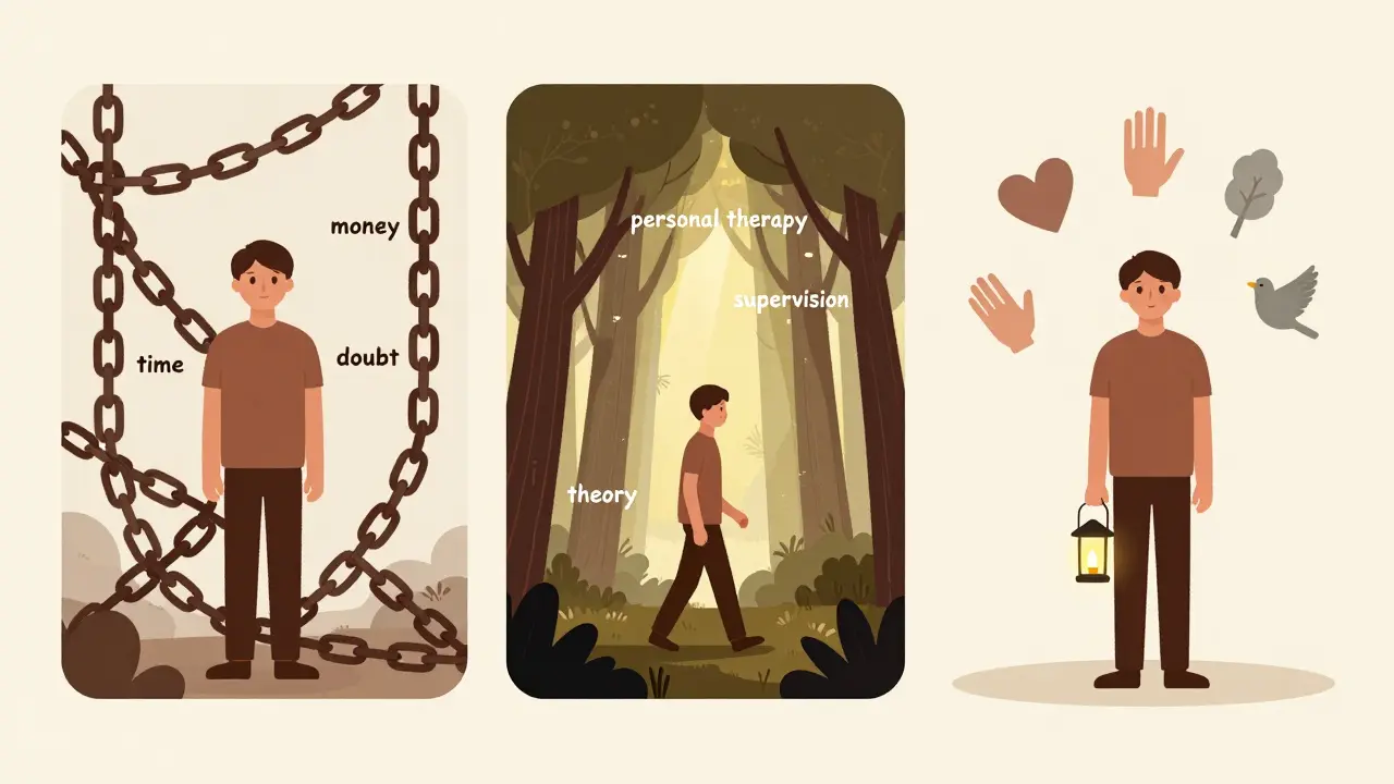 Třípanelová ilustrace cesty psychoterapeuta od tíživého začátku k transformaci.