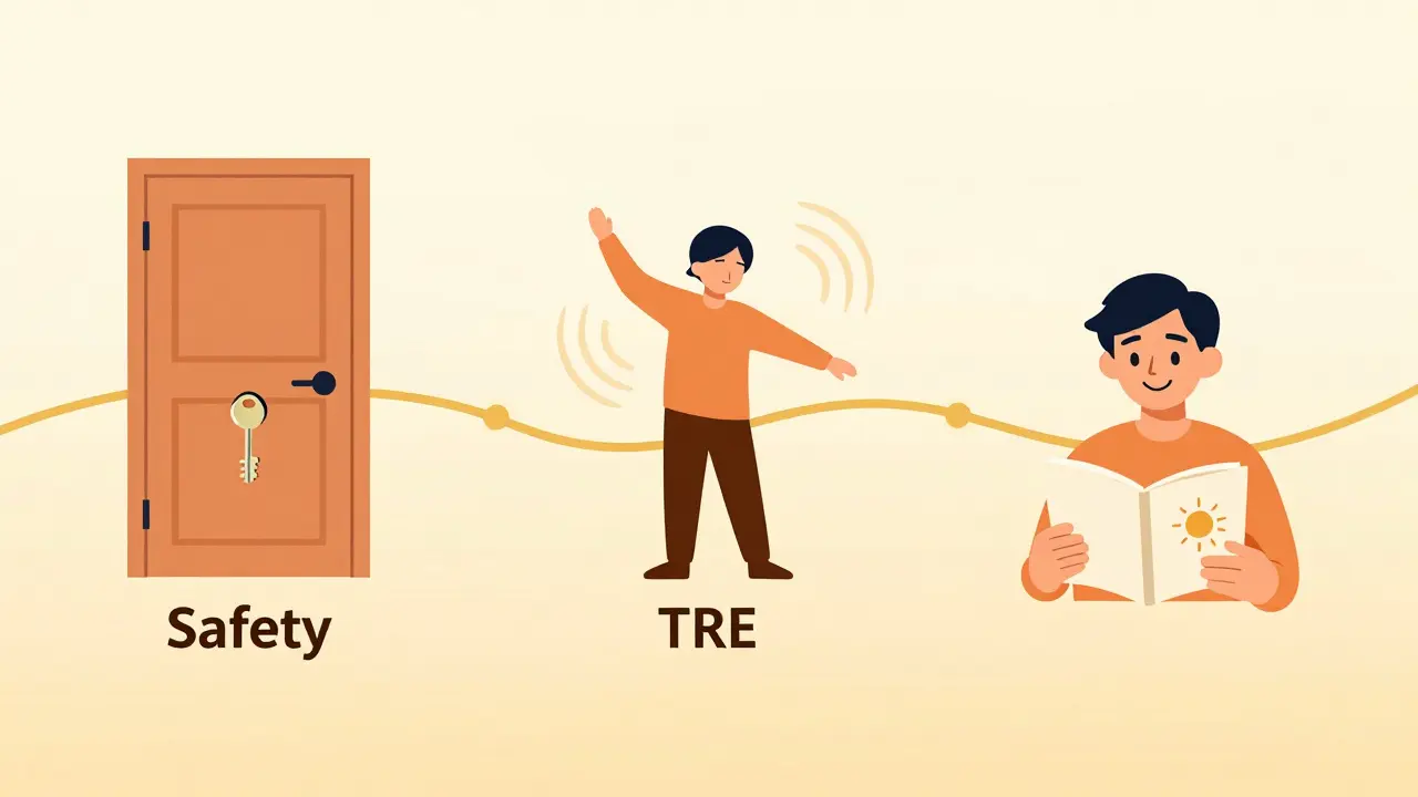 Časová osa uzdravení: zámek bezpečí, tělesné cvičení TRE, a člověk s prázdným sešitem a sluncem.