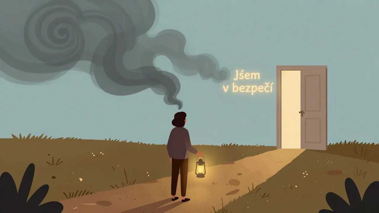 Člověk na cestě s lanternou, která proměňuje myšlenky v světlo