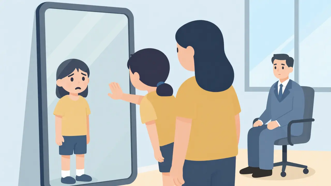 Člověk se dotýká svého odrazu ve zrcadle, který ukazuje dítě, terapeut sedí tichý v pozadí.