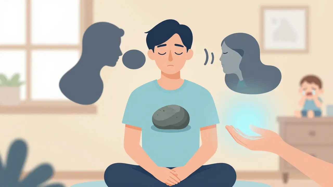 Člověk v klidu s symbolickými obrazy strachu a podpory terapeuta