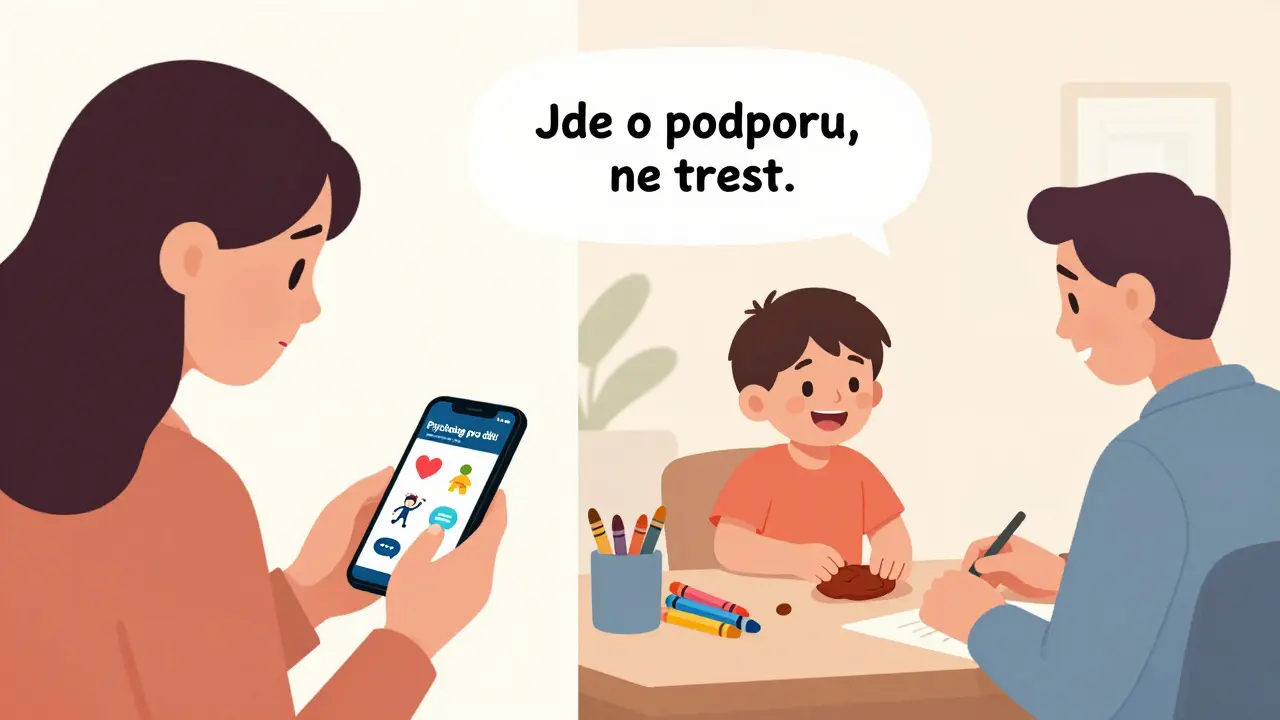 Dítě se směje během terapie, zatímco rodič na telefonu hledá informace o dětském psychologovi — podpora místo trestu.