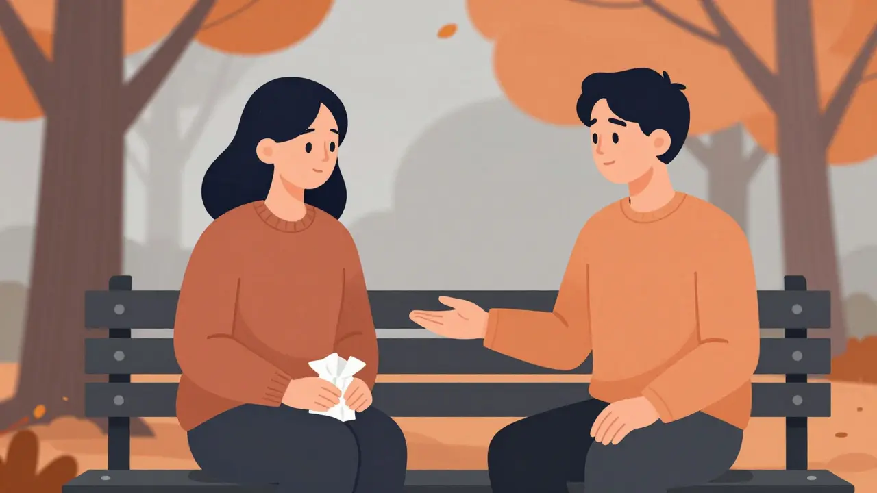 Dvě osoby na lavičce v parku — jedna pláče, druhá poskytuje klidnou, podporující přítomnost.