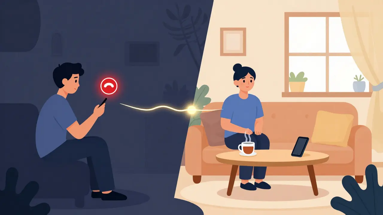 Dvě scény: jedna temná a osamělá, druhá světlá a plná klidu — spojené zlatým světlem.