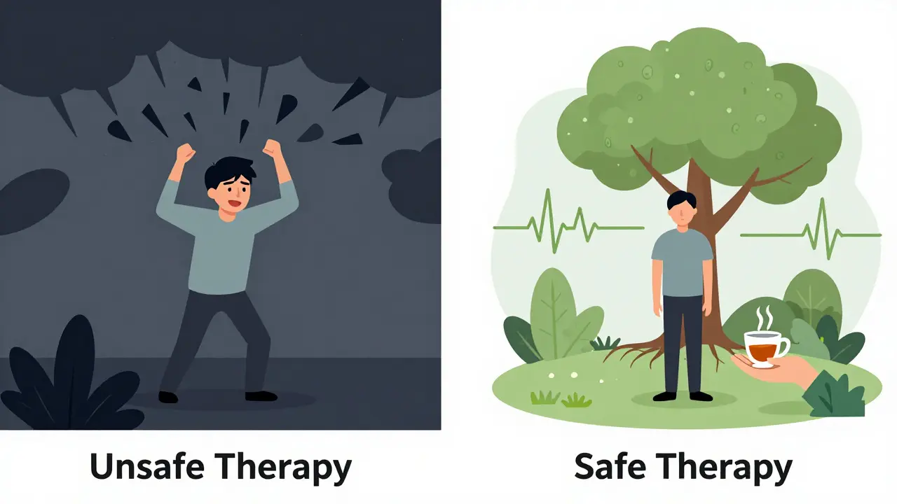 Dvě scény: vlevo chaotická bouře traumatu, vpravo klidná zahrada symbolizující bezpečné zpracování.