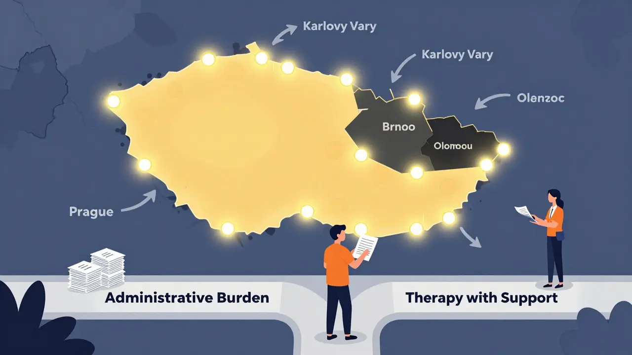 Mapa Česka ukazující nerovnost dostupnosti terapeutů a cestu k lepší péči bez administrativního zatížení.