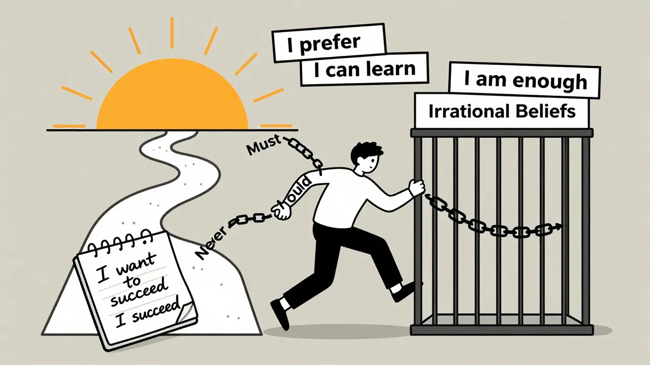 Osoba láme řetězy slov 'musím' a 'měl bych', kročí do světla s novými přístupy.