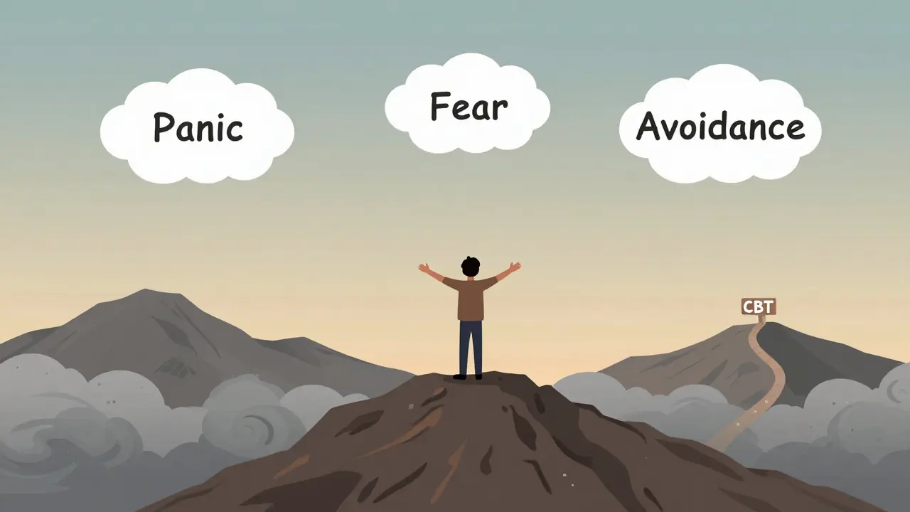 Osoba na vrcholu hory, panika pod ní, ale ona je klidná a přijímá pocity.