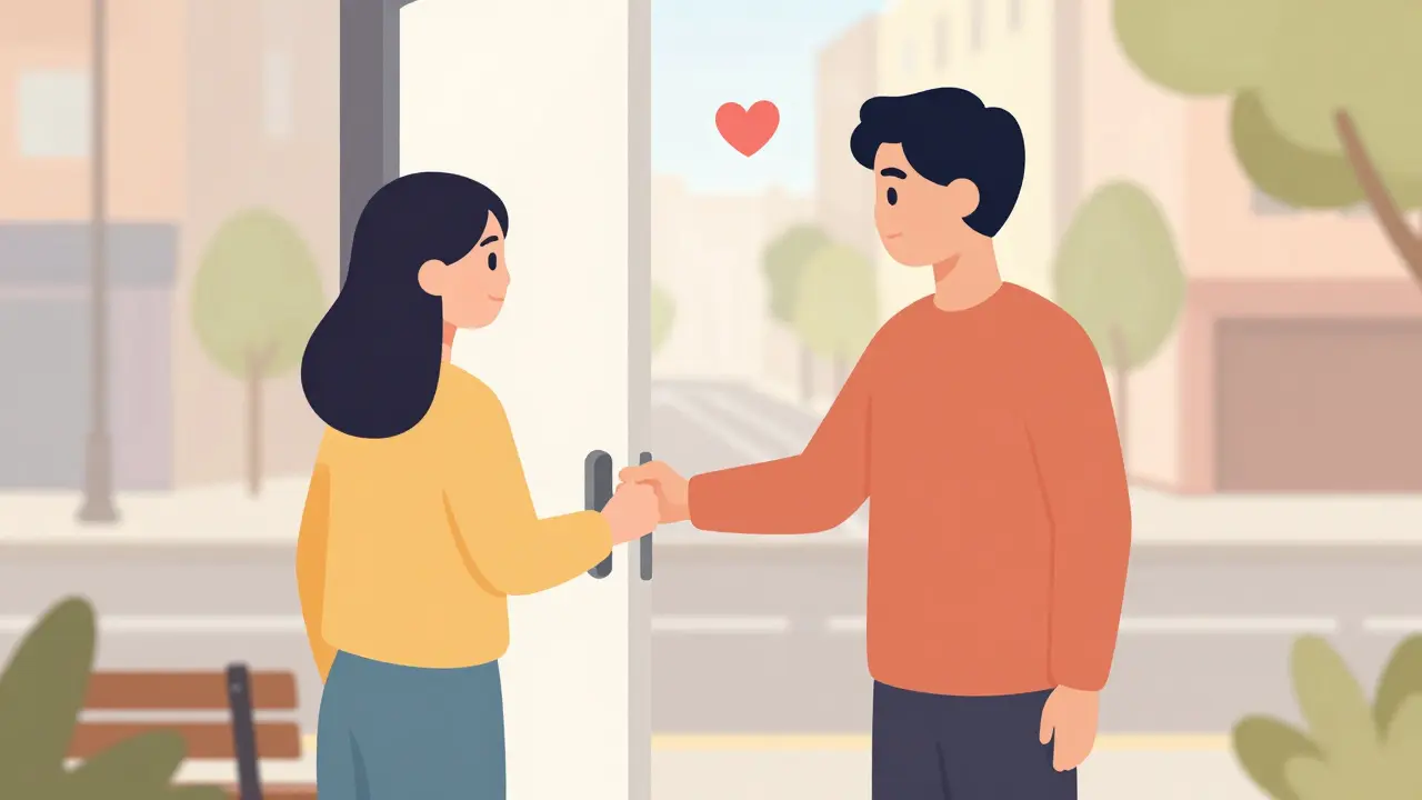 Osoba otevírá dveře pro druhou s přátelským gestem.