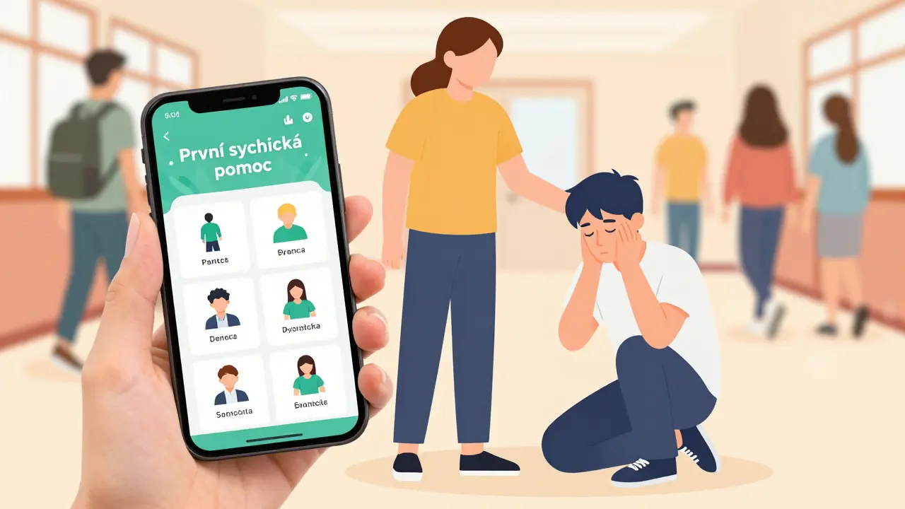 Osoba používá mobilní aplikaci pro mentální první pomoc, aby pomohla teenagerovi v škole během panického záchvatu.