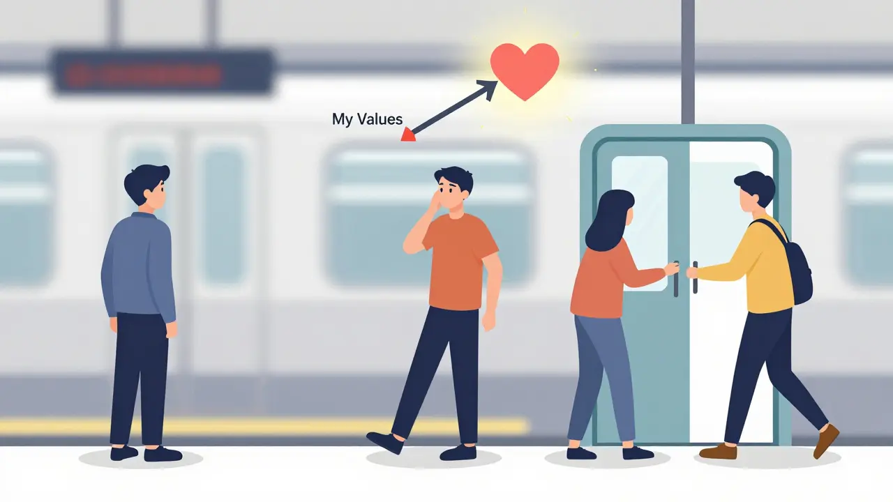 Osoba se zdráhá vstoupit do metra, ale kolem ní jsou tři kroky pokroku k hodnotám.