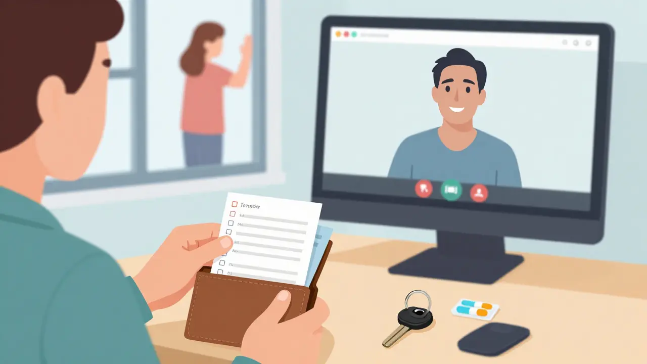 Osoba ukládá kontakty do peněženky, zatímco terapeut na obrazovce mizí a soused zaklepává na dveře.