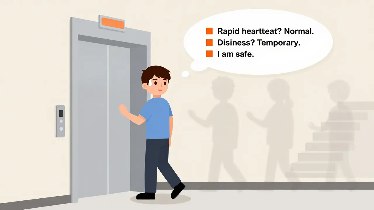 Osoba výtahem s myšlenkou, že rychlý tep a závratě nejsou nebezpečné.