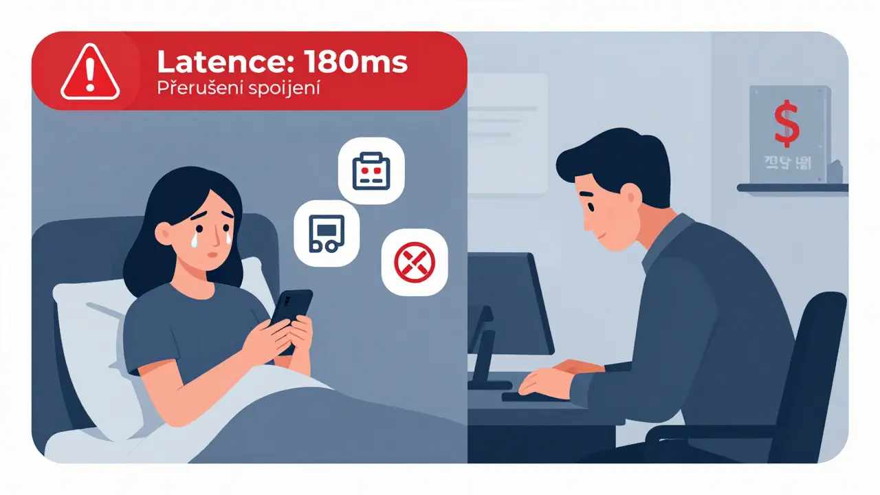 Přerušení telepsychologického sezení s varováním o zpoždění a riziku pro pacienta.