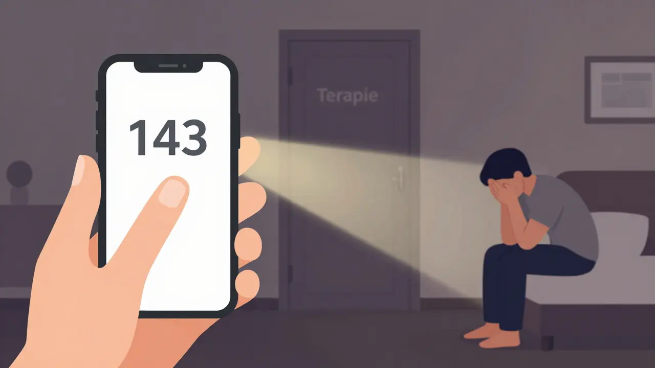 Ruka tlačí tlačítko krizové linky 143, zatímco osoba na posteli je v bolesti, ale světlo vede k dveřím terapie.