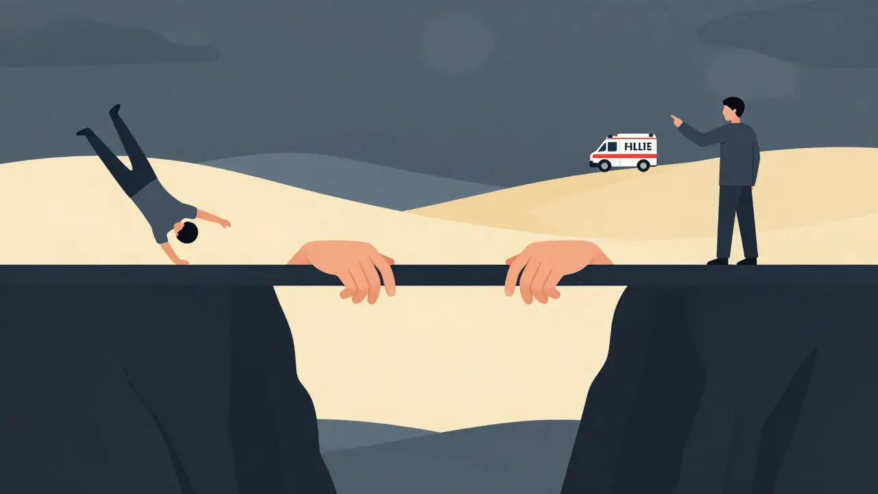 Symbolický most z rukou, který spojuje krizi s klidem, znázorňující podporu laika před odbornou pomocí.