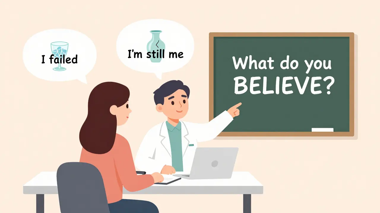 Terapeut a klient na stole s myšlenkovými bublinami, které ukazují změnu přesvědčení.