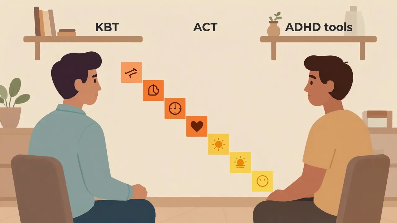 Terapeut a klient spojeni mostem z kroků s ikonami dechu, srdce a slunce.