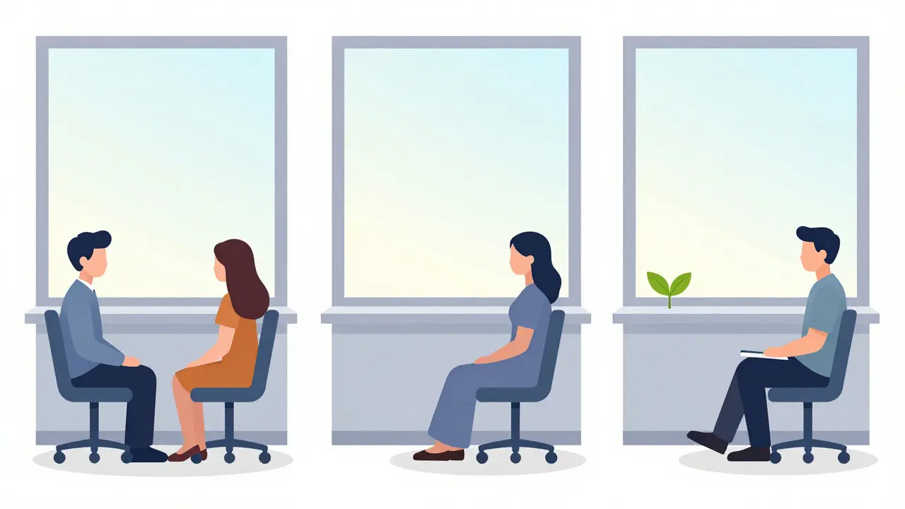 Tři obrazovky ukazují postupné zmenšování sezení s terapeutem až k prázdné židli.