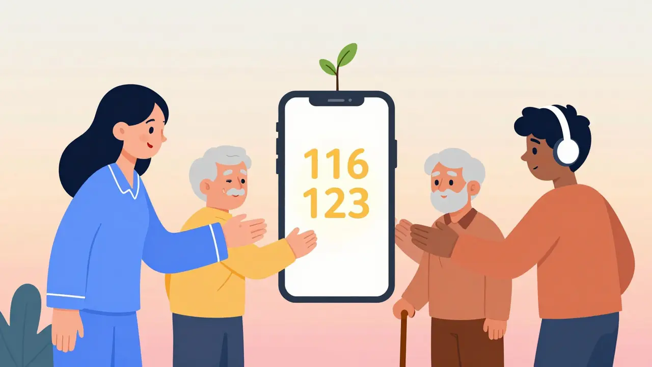 Tři ruce se táhnou po telefonu s číslem 116 123, symbolizující přístup k pomoci.