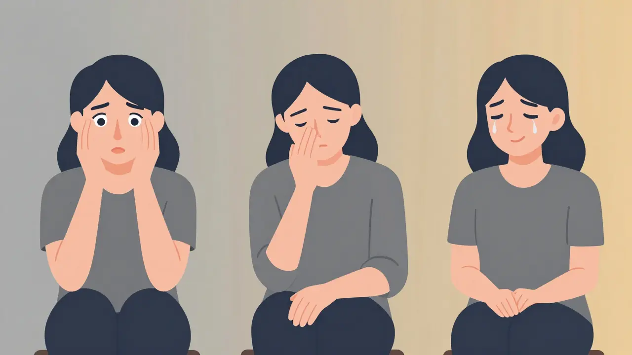 Tři scény terapie: od napětí přes naslouchání k úlevě, znázorněné jen tělesným jazykem a barvami.