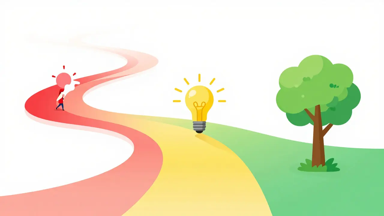 Cesta léčby od krize k stabilitě v ploché grafice.