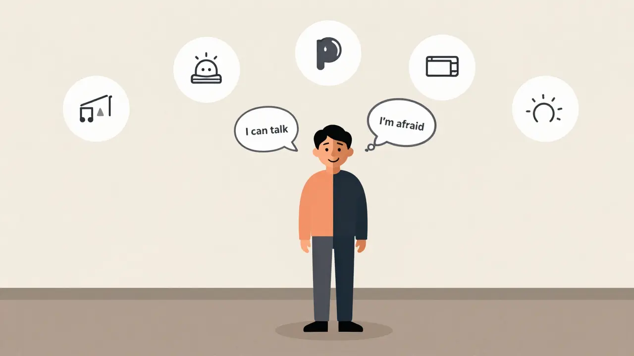 Člověk s dvojí identitou: jedna strana chce mluvit, druhá se bojí, nad ním pět axiomů.